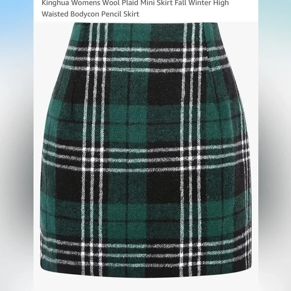 Green Plaid Wool Mini Skirt - Picture 1 of 6